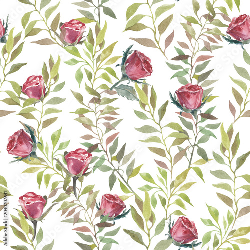 seamless pattern with green tea leaves and roses