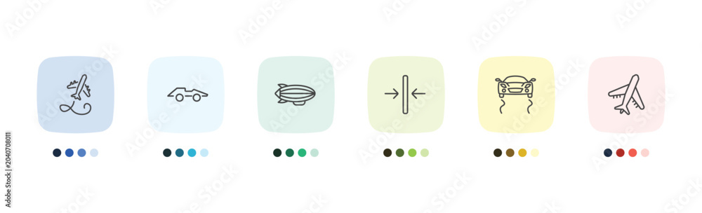 Obraz premium transportation icon set with flying airplane, formula 1, stability, air transport signs in flat outline style
