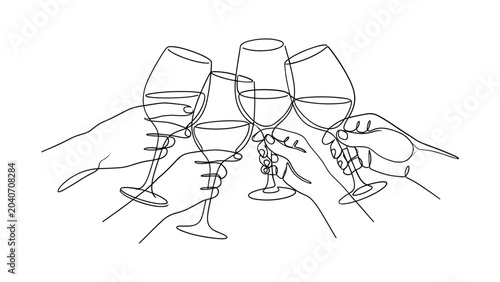Continuous line art drawing of people toasting with wine glasses.