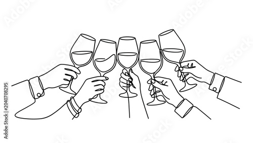 Bild auf Leinwand Continuous line drawing of people hands clinking wine glasses.