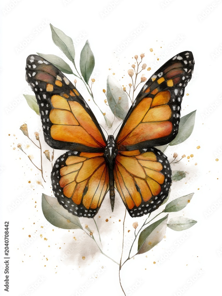 Obraz premium Elegant Monarch Butterfly Watercolor Illustration with Botanical Accents