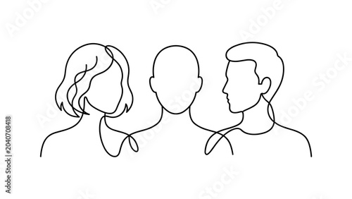 Minimalist continuous line art drawing of three diverse people portraits.