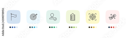 Photos startup and strategy icon set with success flag, mission, focus, rivalry signs i