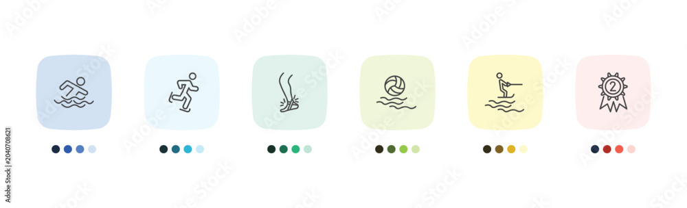 Fototapeta premium sport and games icon set with swimming figure, ice skating, jet surfing, second prize signs in flat outline style
