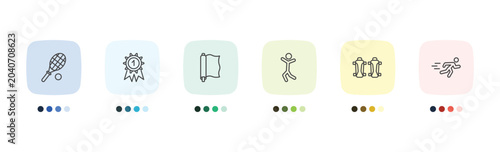 Foto sport and game icon set with squash, golden medal, shin guards, man sprinting si