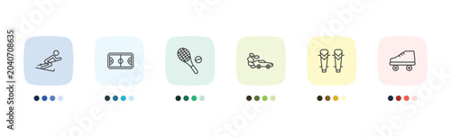 Foto sport and game icon set with slalom, basketball court, shin guards, roller skate