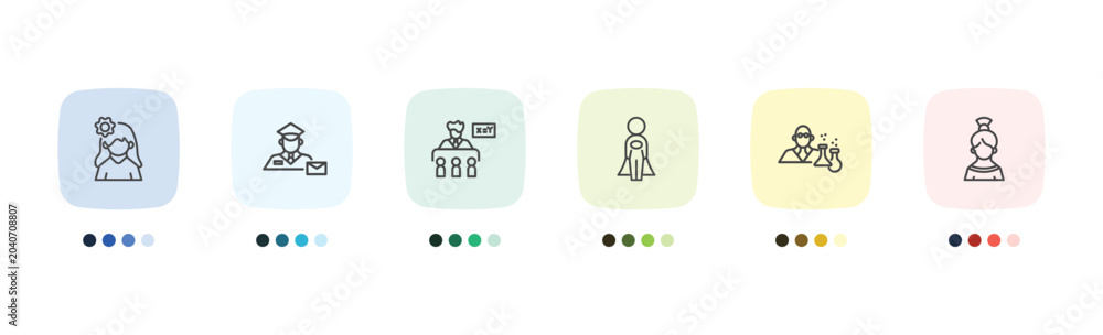 Fototapeta premium people and relation icon set with woman with flower, postman working, chemist working, spanish woman signs in flat outline style