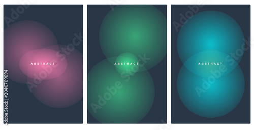 Set of abstract backgrounds with glowing gradient circles in purple, green, and teal colors. Vector illustration.