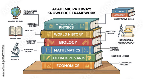 Schilderij op canvas Academic Pathway Knowledge Framework: Stack of Books Illustrating Subjects