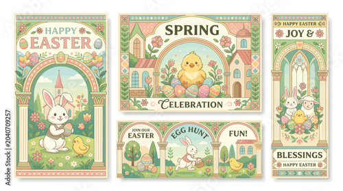 Easter Greeting Cards Collection: Bunnies, Chicks, Spring Flowers, and Churches