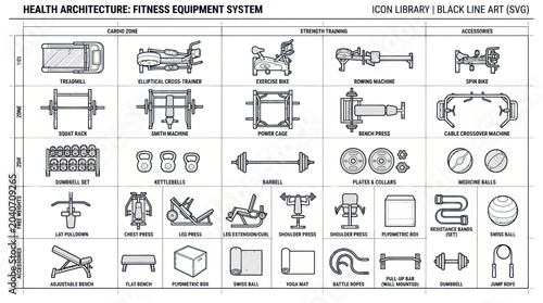 Quadro su tela Fitness Equipment Icons: Gym Machines and Accessories, Health Architecture