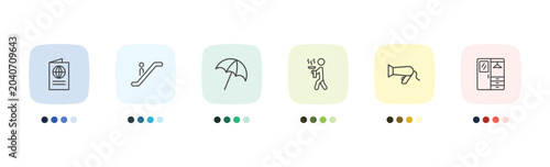 Konstfotografi hotel and restaurant icon set with passport, or, hairdryer, checkroom signs in f