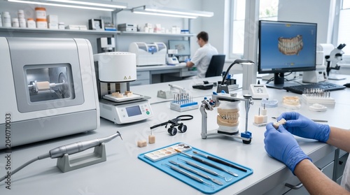 Schilderij op canvas Dental laboratory technician working with digital cad cam equipment on prostheti