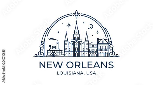 Canvastavla New Orleans Skyline Line Art: French Quarter, Steamboat, Fleur-de-lis Arch