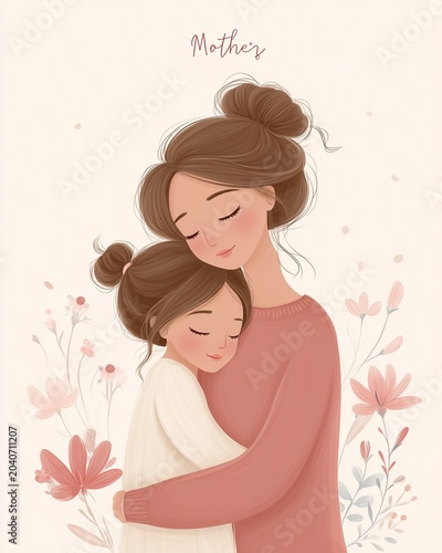 Cute Mother and Daughter Hug Illustration with Floral Elements