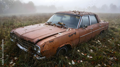 Abandoned vintage rusted car surrounded by autumn leaves in foggy countryside field capturing decay, nostalgia, atmosphere, nature reclaiming forgotten vehicle