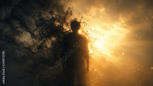 Silhouette Facing Dark Smoke and Golden Light Mental Health Concept