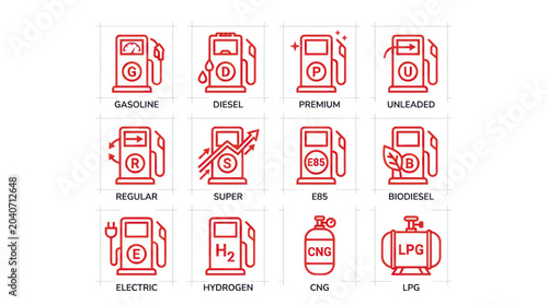 Canvastavla Fuel Types Icons: Gasoline, Diesel, Electric, Hydrogen, Biofuel, CNG, LPG