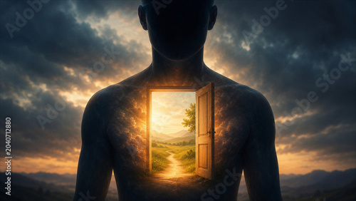 Hope Within, Open Door Revealing a Sunlit Path Inside the Human Chest