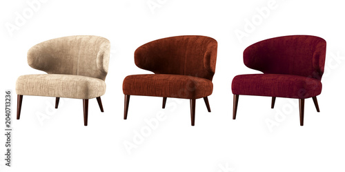 Mid-century modern lounge chair set in beige terracotta and burgundy velvet, 3D furniture rendering isolated