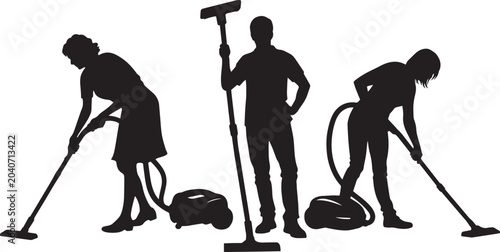 Tableau sur toile Professional cleaning service silhouettes, janitorial staff with vacuum cleaners