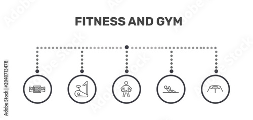 Photos fitness and gym icon set with athletic strap, exercise bike, abdominal exercises