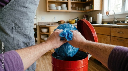 Person disposing of a full blue trash bag into a red kitchen bin domestic chore concept
