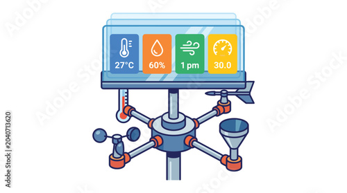 Digital weather station icon featuring real time atmospheric data metrics and sensor array on a clean white background