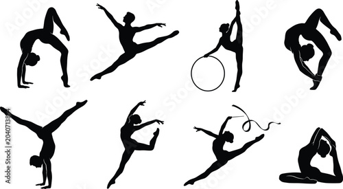 Tableau sur toile Collection of black silhouettes of gymnasts performing various athletic poses
