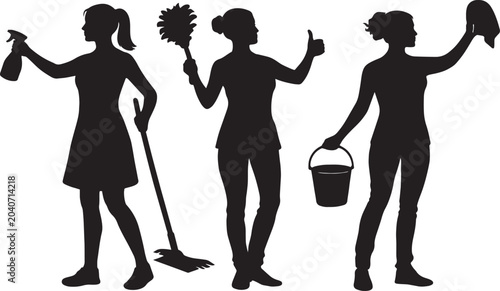 Foto Professional cleaning service silhouettes, female janitor and maid characters wi
