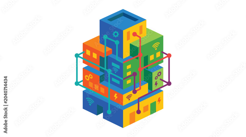Naklejka premium Isometric smart city building icon featuring interconnected digital network nodes and colorful modular infrastructure