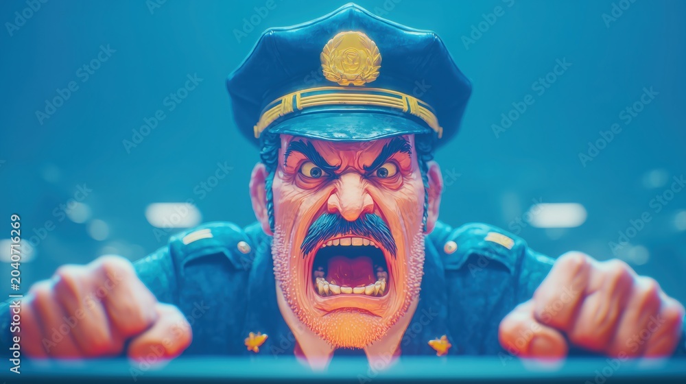 Naklejka premium An angry cop yells at the camera, an angry security guard interrogates a thief at a negotiating table. High quality