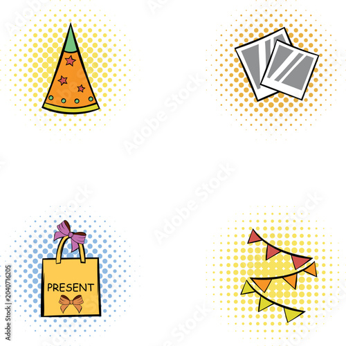 Set of celebratory icons, including a party hat, instant photos, gift bag, and festive bunting