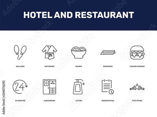 Fotografija hotel and restaurant icon set with balloon, bathrobe, ramen, reserved signs in f