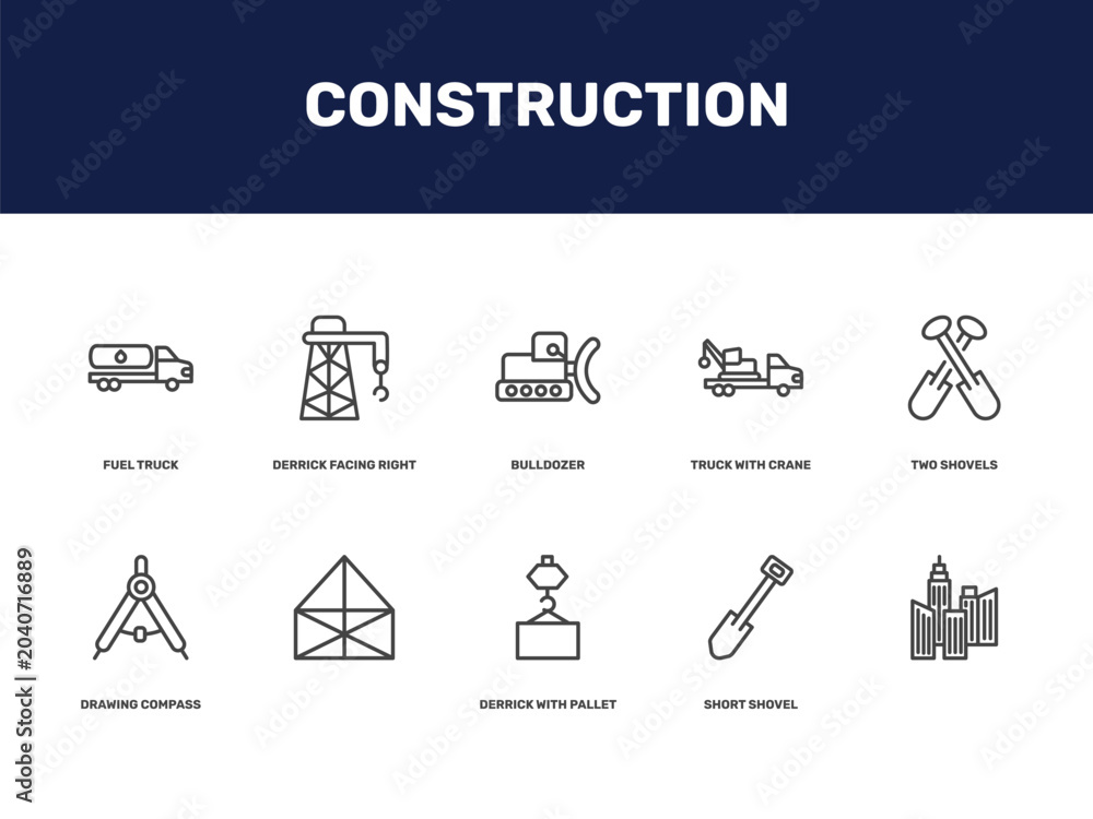 Fototapeta premium construction icon set with fuel truck, derrick facing right, bulldozer, truck with crane signs in flat outline style