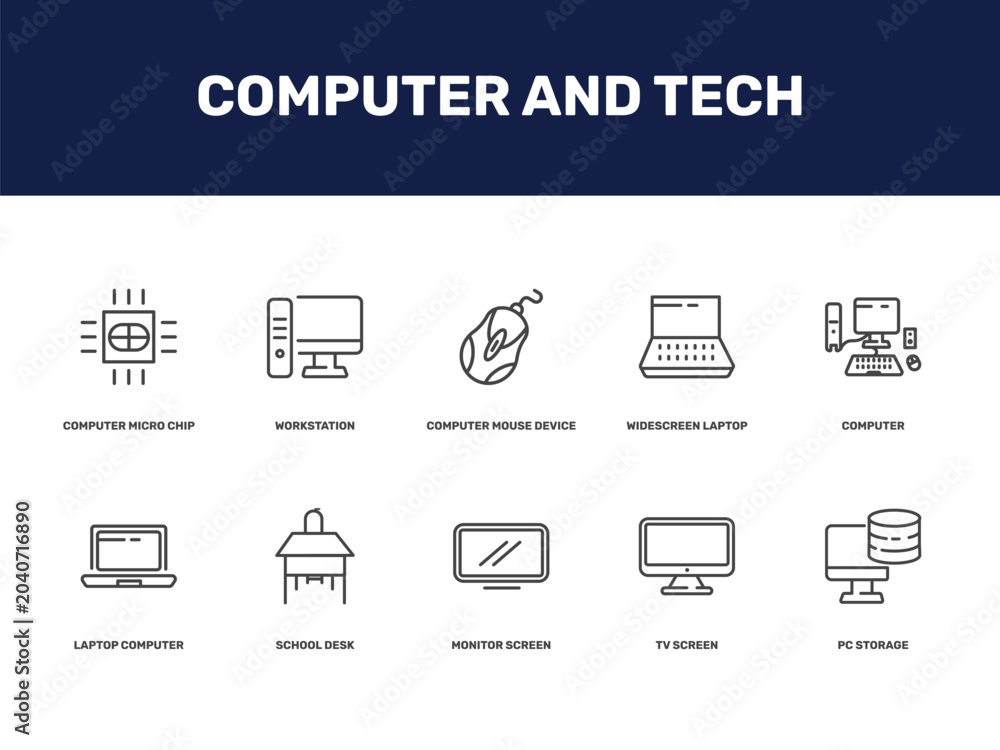 Fototapeta premium computer and tech icon set with computer micro chip, workstation, computer mouse device, widescreen laptop signs in flat outline style