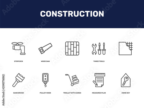 Φωτογραφία construction icon set with stopcock, wood saw, , three tools signs in flat outli