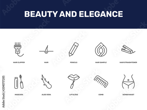 beauty and elegance icon set with hair clipper, hair, pencils, hair sample signs in flat outline style