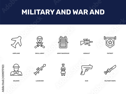 Foto military and war and icon set with airplane, skull army, army backpack, assault