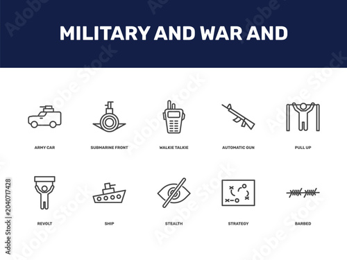 military and war and icon set with army car, submarine front view, walkie talkie, automatic gun signs in flat outline style