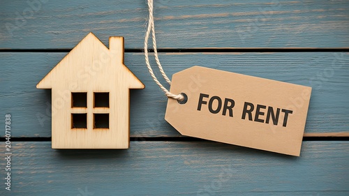 Wooden house model with for rent tag on blue background