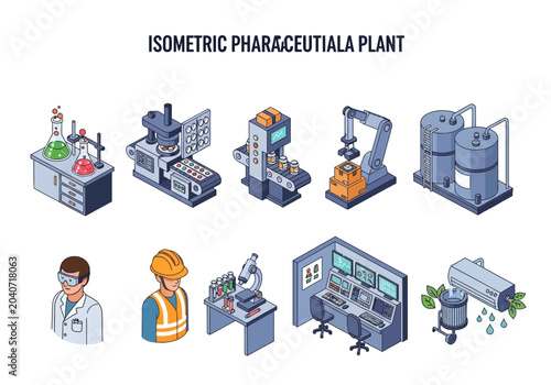 Isometric view of a pharmaceutical plant with laboratory equipment, machinery, and personnel