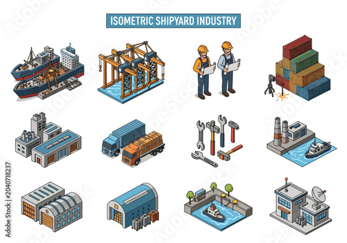 Isometric Shipyard Industry Elements Cranes, Ships, Buildings, and Workers for Industrial Concepts