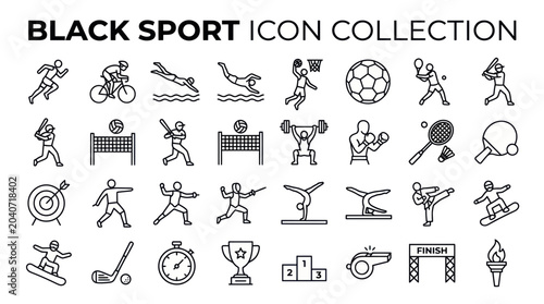 Black Sport Icon Collection: Diverse Athletic Activities and Symbols
