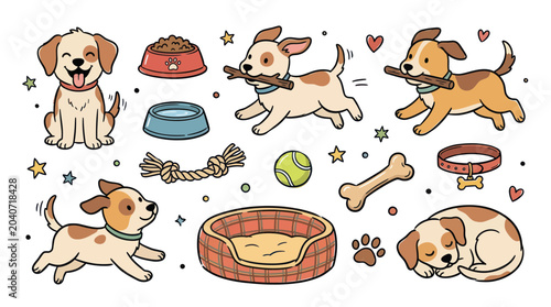 Cute cartoon puppies playing with toys and sleeping, dog accessories set