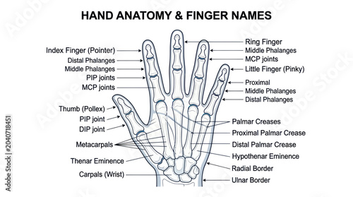 Quadro em tela Hand Anatomy Diagram: Bones, Joints, and Finger Names