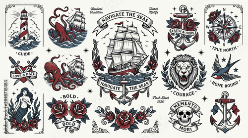 Tableau sur toile Nautical Tattoo Flash Sheet: Ships, Anchors, Compass, Lighthouse, Kraken, Lion