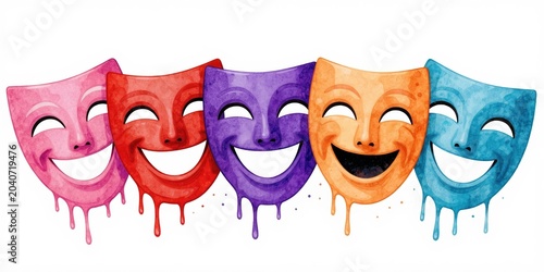 Five colorful watercolor theater masks with happy expressions in a row. They drip paint like tears. This illustration shows drama and comedy.