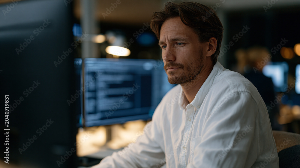 Obraz premium Threat intelligence analyst cross-referencing dark web forum excerpts with corporate asset database in windowless security operations center, dual monitors displaying anonymized attacker communicati