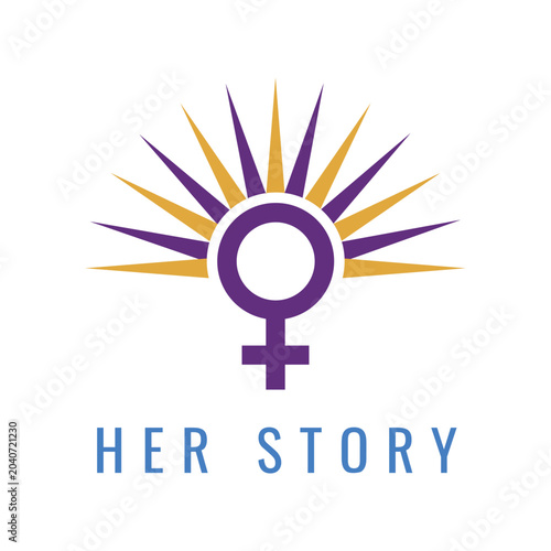 Feminist symbol, female empowerment logo, purple and yellow sunburst design, vector icon
